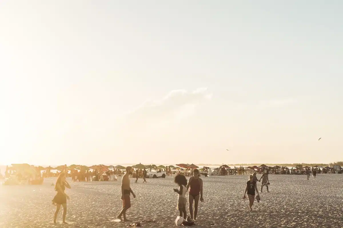Familles regardant une projection en plein air sur la plage au coucher du soleil
