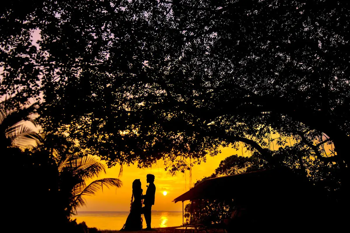 Couple romantique admirant un paysage tropical luxuriant au coucher de soleil