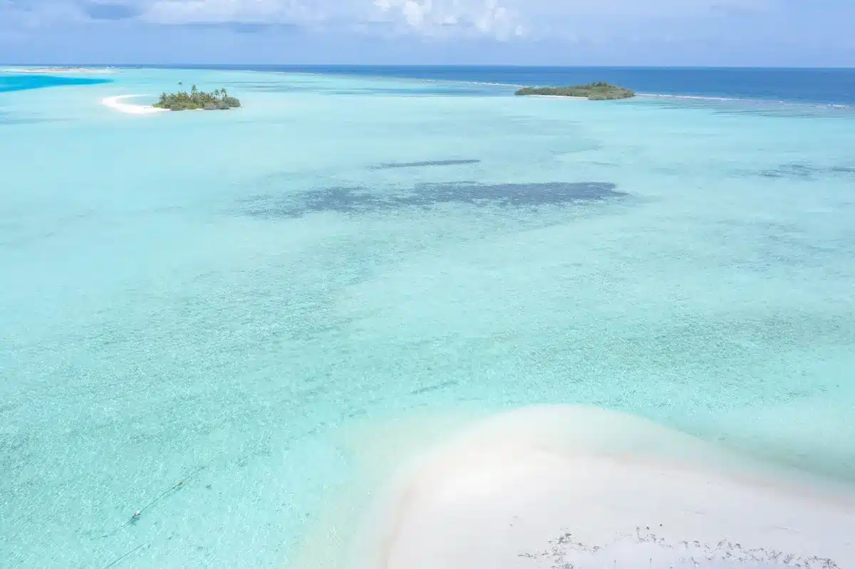 Plage tropicale avec sable blanc, eau turquoise et végétation luxuriante en arrière-plan