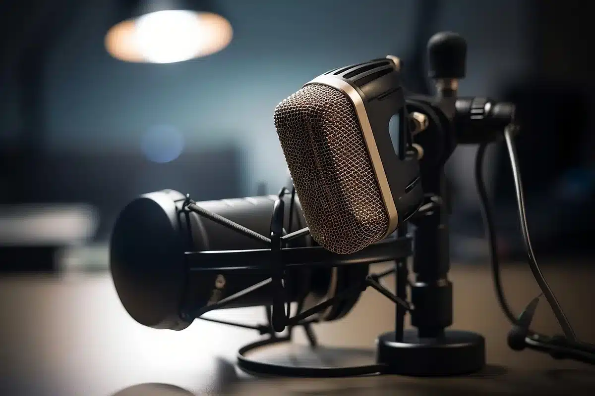Microphone et studio de radio d'époque évoquant une émission radiophonique