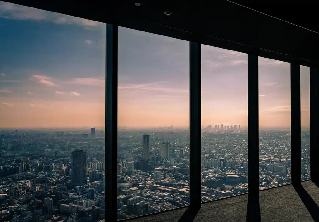 Horloges anonymes sur fond de skyline au crépuscule, main ajustant une horloge murale